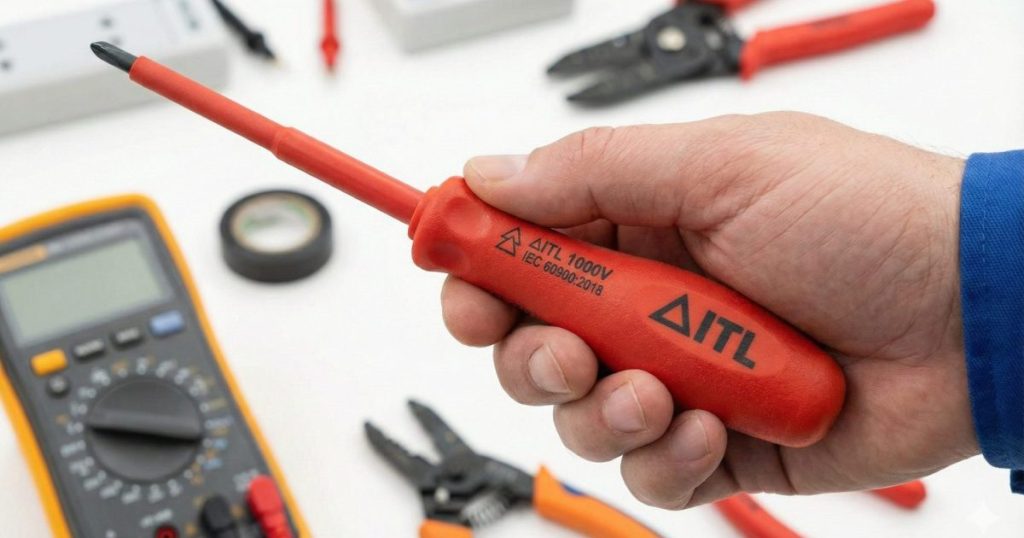 Close-up of an electrician's hand holding an ITL insulated screwdriver, clearly displaying the 1000V and IEC 60900 safety markings against a background of other electrical tools.