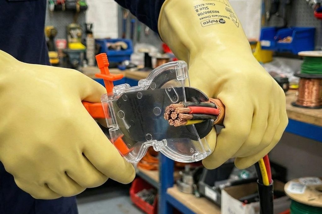 ITL insulated ratchet cutter being used with safety gloves to cut heavy-gauge electrical cable