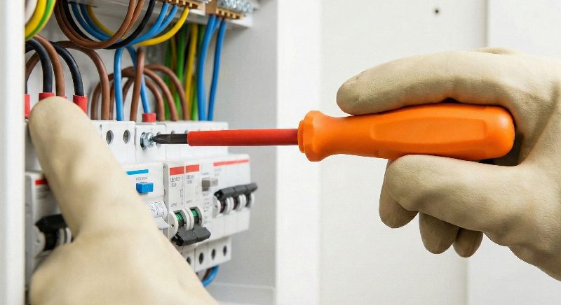 A close-up view of an electrician's gloved hands using an insulated orange screwdriver to tighten a terminal screw on a white circuit breaker inside a modern electrical distribution panel featuring colorful wiring.