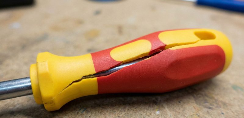 A close-up view of a damaged insulated screwdriver with a red and yellow grip, featuring a severe crack running lengthwise down the handle that exposes the inner material and compromises the tool's safety.